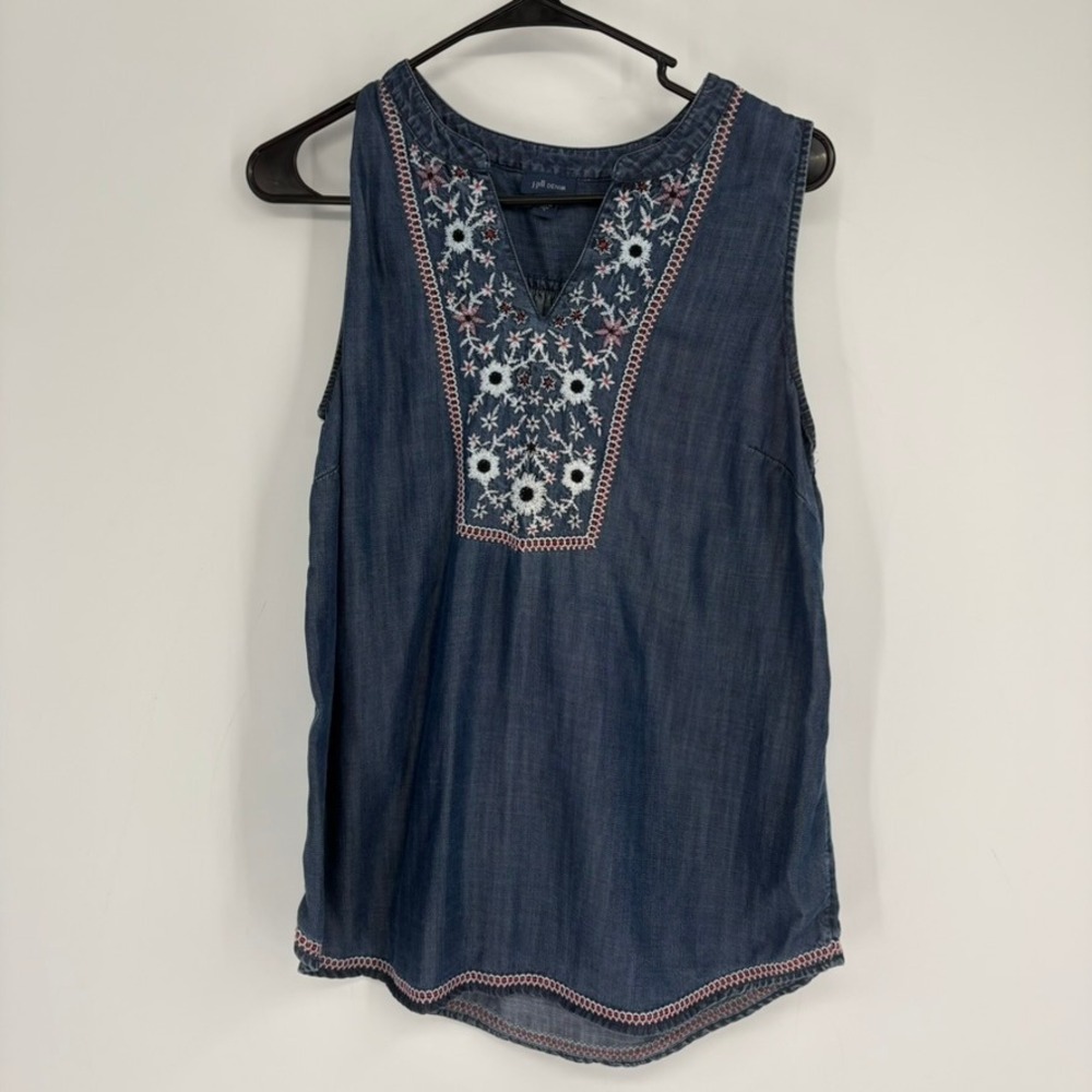 J. Jill DENIM Sleeveless Embroidered V Neck Tunic Top Women's Size‎ S Blue